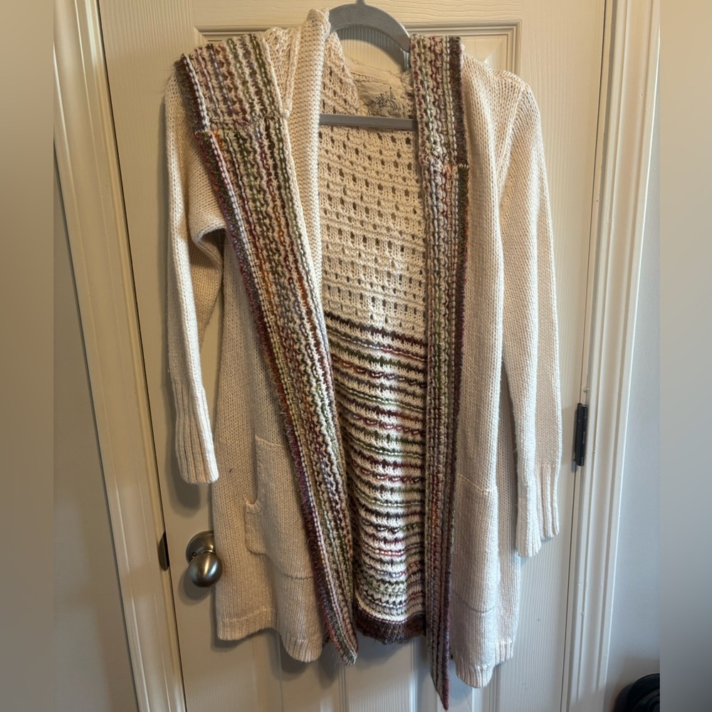 Cozy Cream Hooded Sweater with Multicolor Accents